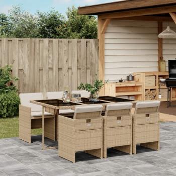 ARDEBO.de - 7-tlg. Garten-Essgruppe mit Kissen Beige Poly Rattan