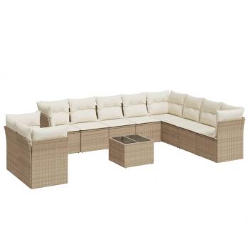 11-tlg. Garten-Sofagarnitur mit Kissen Beige Poly Rattan