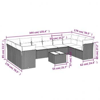 11-tlg. Garten-Sofagarnitur mit Kissen Schwarz Poly Rattan