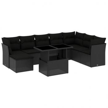 9-tlg. Garten-Sofagarnitur mit Kissen Schwarz Poly Rattan