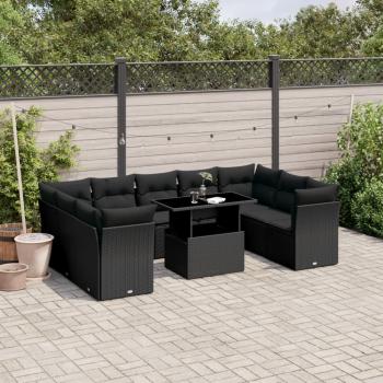 ARDEBO.de - 10-tlg. Garten-Sofagarnitur mit Kissen Schwarz Poly Rattan