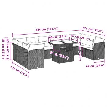 11-tlg. Garten-Sofagarnitur mit Kissen Schwarz Poly Rattan