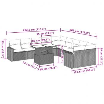 11-tlg. Garten-Sofagarnitur mit Kissen Schwarz Poly Rattan