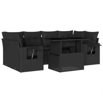 7-tlg. Garten-Sofagarnitur mit Kissen Schwarz Poly Rattan