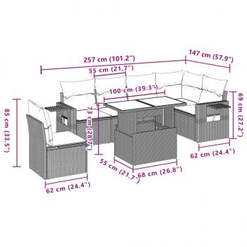 7-tlg. Garten-Sofagarnitur mit Kissen Schwarz Poly Rattan