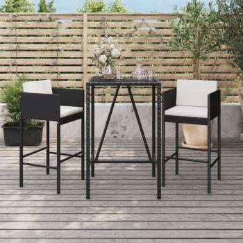 ARDEBO.de - 3-tlg. Gartenbar-Set mit Kissen Schwarz Poly Rattan