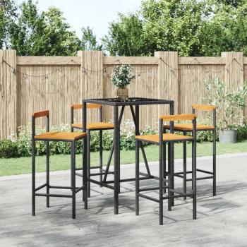 ARDEBO.de - 5-tlg. Gartenbar-Set Schwarz Poly Rattan & Massivholz Akazie