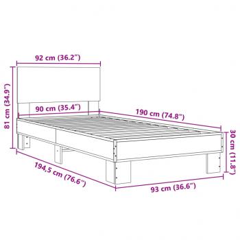 Bettgestell Räuchereiche 90x190 cm Holzwerkstoff und Metall