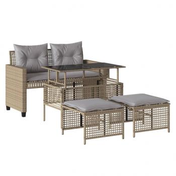 4-tlg. Garten-Sofagarnitur mit Kissen Beige Poly Rattan Glas