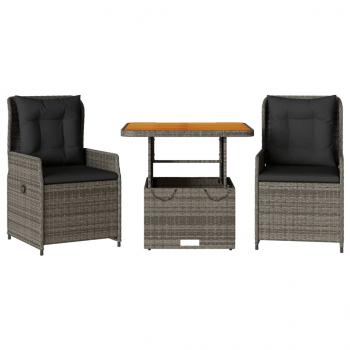 ARDEBO.de - 3-tlg. Bistro-Set mit Kissen Grau Poly Rattan