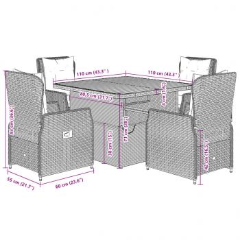 5-tlg. Garten-Essgruppe mit Kissen Schwarz Poly Rattan