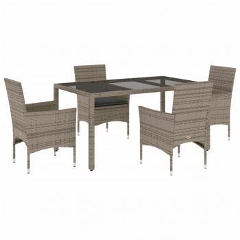 5-tlg. Garten-Essgruppe mit Kissen Grau Poly Rattan und Glas