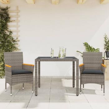 ARDEBO.de - 3-tlg. Garten-Essgruppe mit Kissen Grau Poly Rattan und Glas