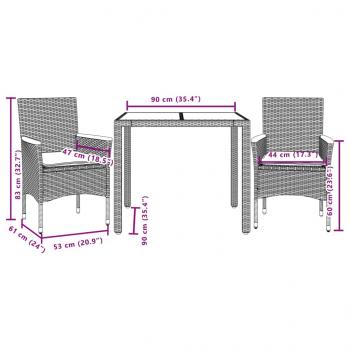 3-tlg. Garten-Essgruppe mit Kissen Schwarz Poly Rattan Glas