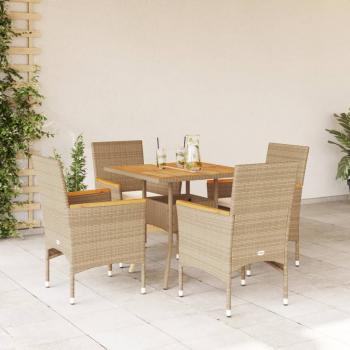 ARDEBO.de - 5-tlg. Garten-Essgruppe mit Kissen Beige Poly Rattan Akazie