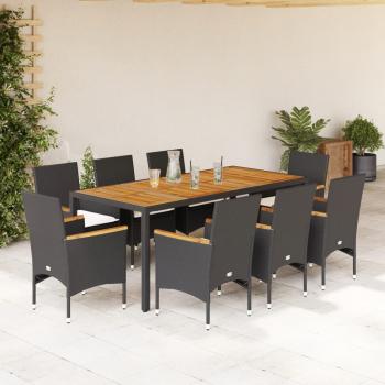 ARDEBO.de - 9-tlg. Garten-Essgruppe mit Kissen Schwarz Poly Rattan Akazie