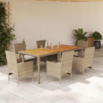 ARDEBO.de - 7-tlg. Garten-Essgruppe mit Kissen Beige Poly Rattan Akazie