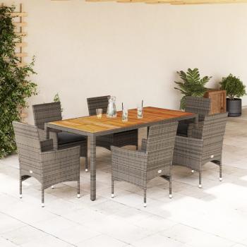 ARDEBO.de - 7-tlg. Garten-Essgruppe mit Kissen Grau Poly Rattan Akazie