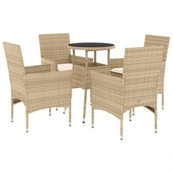 5-tlg. Garten-Essgruppe mit Kissen Beige Poly Rattan und Glas