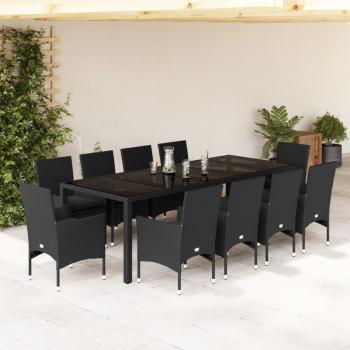 ARDEBO.de - 11-tlg. Garten-Essgruppe mit Kissen Schwarz Poly Rattan Glas