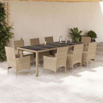 ARDEBO.de - 9-tlg. Garten-Essgruppe mit Kissen Beige Poly Rattan Glas