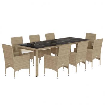 9-tlg. Garten-Essgruppe mit Kissen Beige Poly Rattan Glas