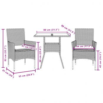 3-tlg. Garten-Essgruppe mit Kissen Hellgrau Poly Rattan Glas