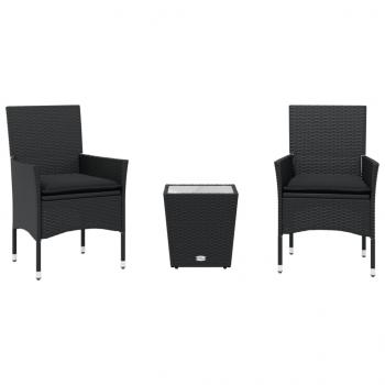 3-tlg. Bistro-Set mit Kissen Schwarz Poly Rattan und Glas