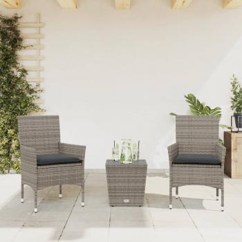 ARDEBO.de - 3-tlg. Bistro-Set mit Kissen Grau Poly Rattan und Glas