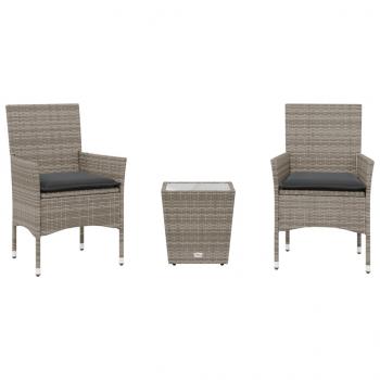 3-tlg. Bistro-Set mit Kissen Grau Poly Rattan und Glas