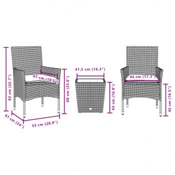 3-tlg. Bistro-Set mit Kissen Grau Poly Rattan und Glas