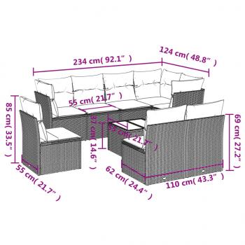 9-tlg. Garten-Sofagarnitur mit Kissen Schwarz Poly Rattan