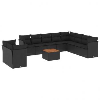 11-tlg. Garten-Sofagarnitur mit Kissen Schwarz Poly Rattan