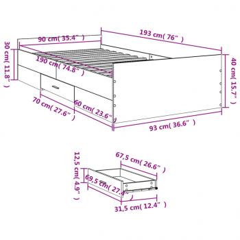 Bettgestell mit Schubladen Räuchereiche 90x190 cm Holzwerkstoff