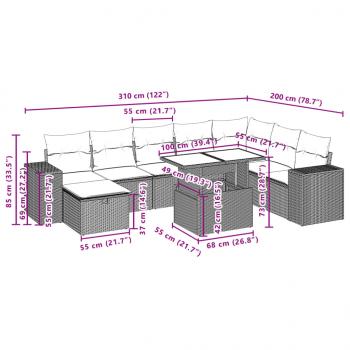 9-tlg. Garten-Sofagarnitur mit Kissen Schwarz Poly Rattan