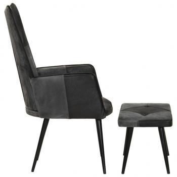 Sessel mit Hocker Schwarz Echtleder und Canvas