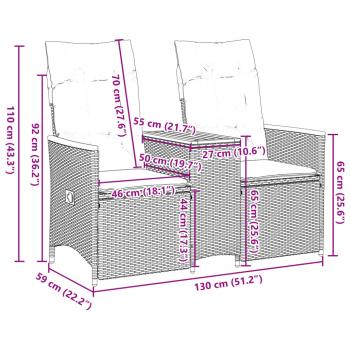 Gartensofa 2-Sitzer Verstellbar mit Tisch Schwarz Poly Rattan