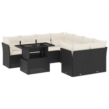 9-tlg. Garten-Sofagarnitur mit Kissen Schwarz Poly Rattan