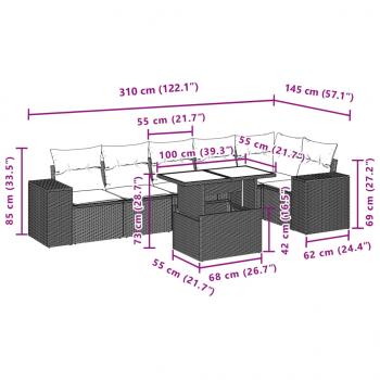 7-tlg. Garten-Sofagarnitur mit Kissen Schwarz Poly Rattan