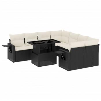 9-tlg. Garten-Sofagarnitur mit Kissen Schwarz Poly Rattan