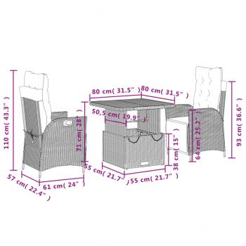 3-tlg. Garten-Essgruppe mit Kissen Grau Poly Rattan