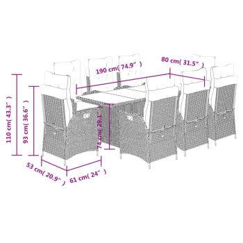 9-tlg. Garten-Essgruppe mit Kissen Grau Poly Rattan