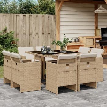 ARDEBO.de - 9-tlg. Garten-Essgruppe mit Kissen Beige Poly Rattan