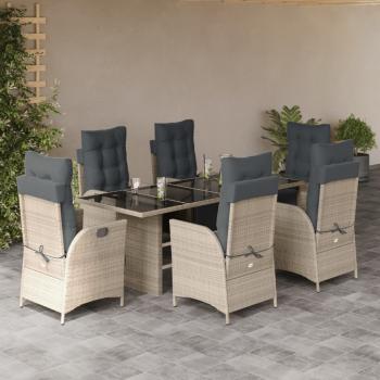 ARDEBO.de - 7-tlg. Garten-Essgruppe mit Kissen Hellgrau Poly Rattan