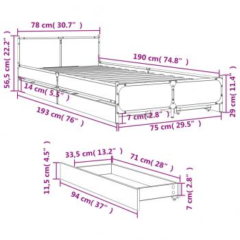 Bettgestell mit Schubladen Grau Sonoma 75x190 cm Holzwerkstoff