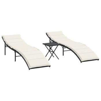 Sonnenliegen 2 Stk. mit Tisch Schwarz Poly Rattan