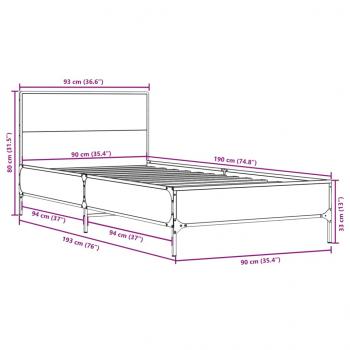 Bettgestell Sonoma-Eiche 90x190 cm Holzwerkstoff und Metall