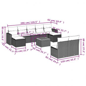 10-tlg. Garten-Sofagarnitur mit Kissen Schwarz Poly Rattan