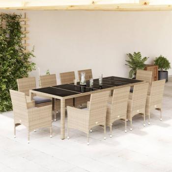 ARDEBO.de - 11-tlg. Garten-Essgruppe mit Kissen Beige Poly Rattan und Glas