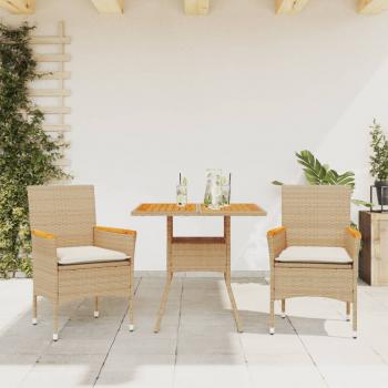 ARDEBO.de - 3-tlg. Garten-Essgruppe mit Kissen Beige Poly Rattan Akazie